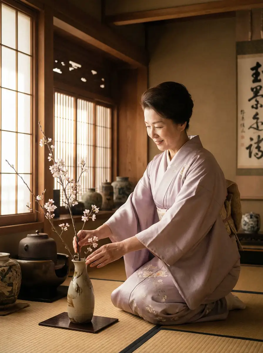 一位优雅的 永信贵宾会平台 在和室中插花